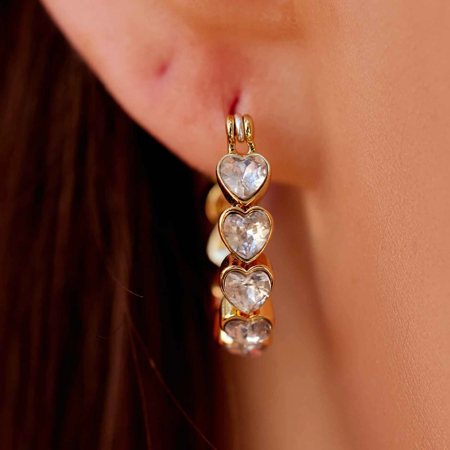 Stone Heart Hoop Earrings 3 Stone Heart Hoop Earrings - Image 3